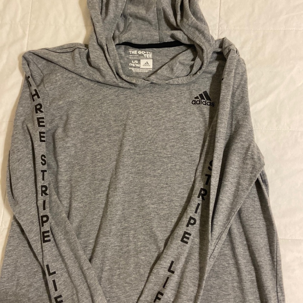 Adidas Big kids, long sleeve T-shirt with hood.